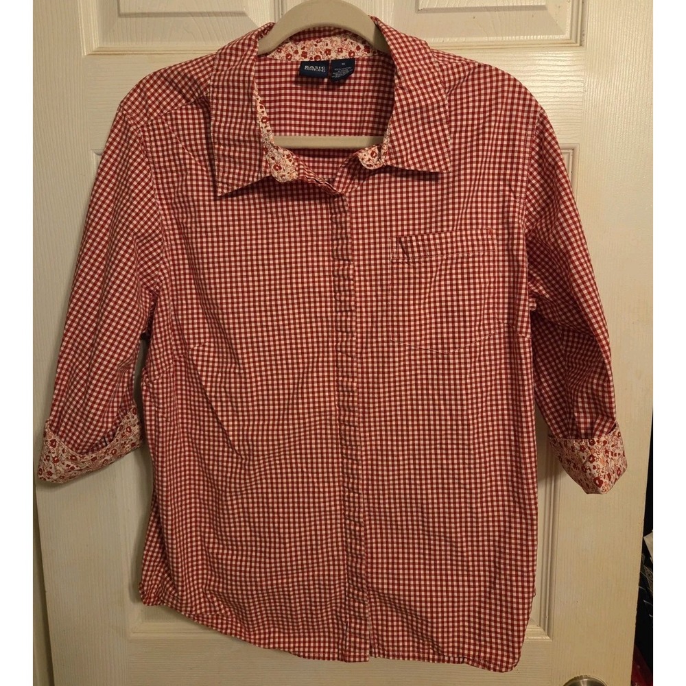 basic editions womens tops 1X Red & White Checkered 3/4 Sleeves Button-down